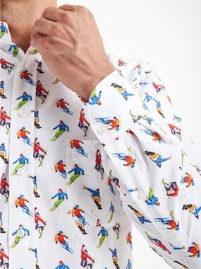 Emanuel Berg Men’s Modern Fit Ski Print Button Down Shirt Size XL
